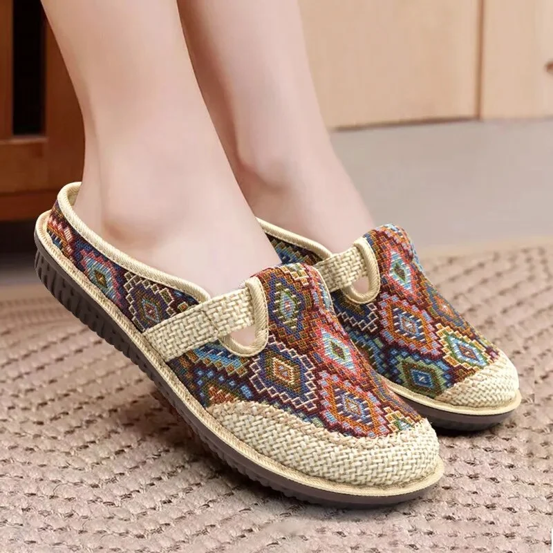 Women's Vintage Bohemian Weaving Breathable Wide Loafers Slip-On Sandals