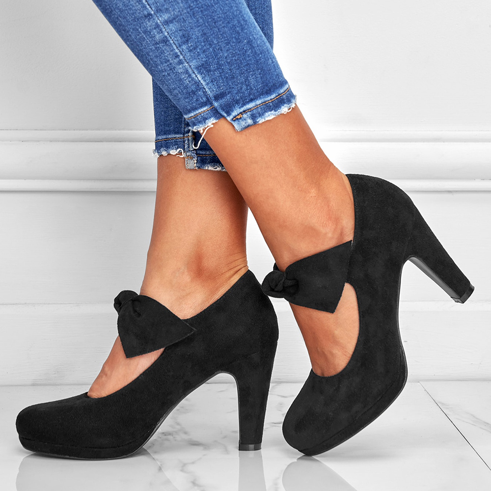 Black Faux Suede Closed Toe 3'' Chunky Heel Pumps with Bow Nicepairs