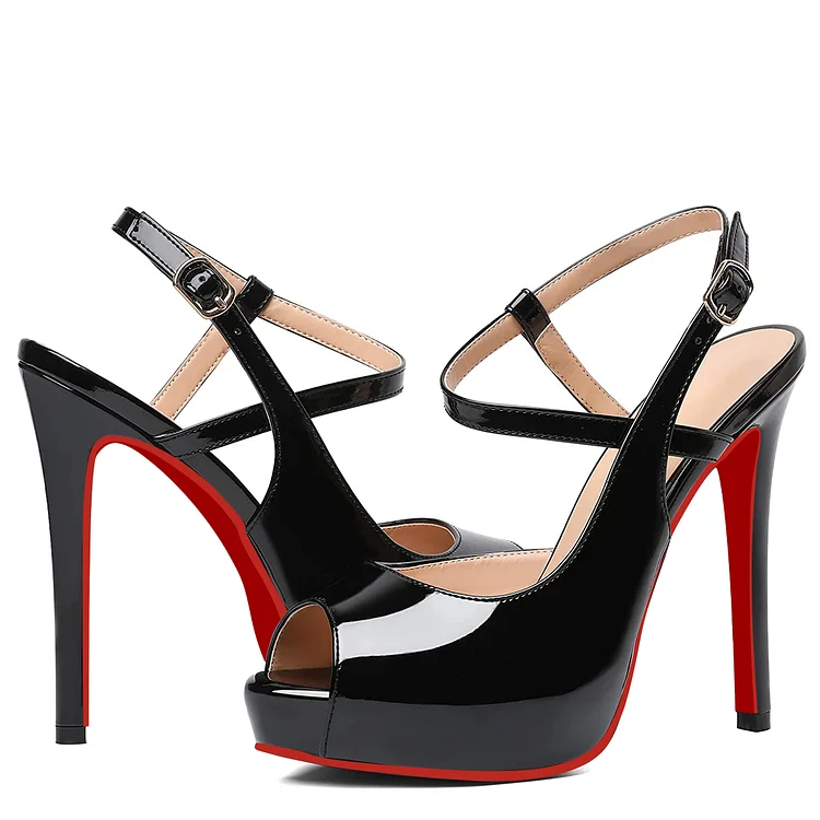 120mm Women Slingback Pumps Patent Ankle Strap Stiletto Peep Toe Dress Red Bottoms Shoes VOCOSI VOCOSI