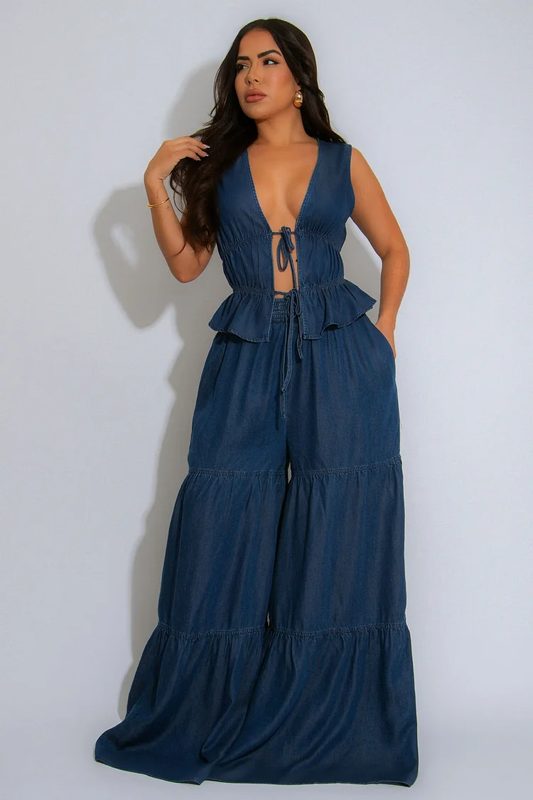 Tied Up Ruched Peplum Vest Tiered Maxi Skirt Denim 2pcs Set-Blue [Pre Order]