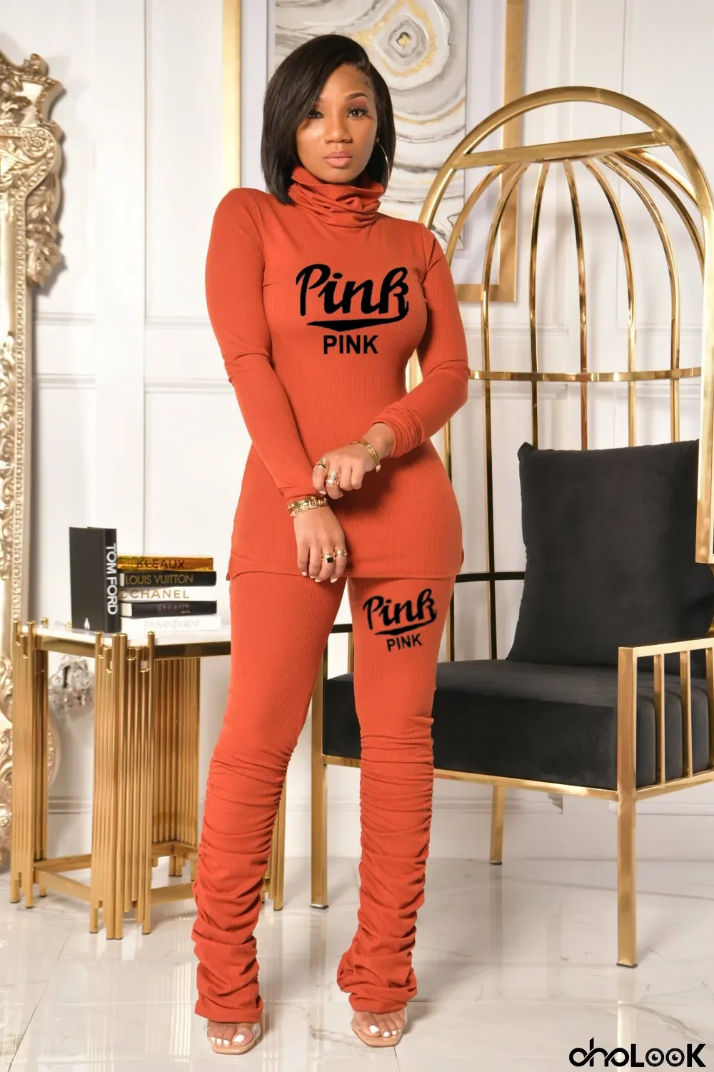 Pink Letter Print High Collar Stacked Pants 2 Piece Sets