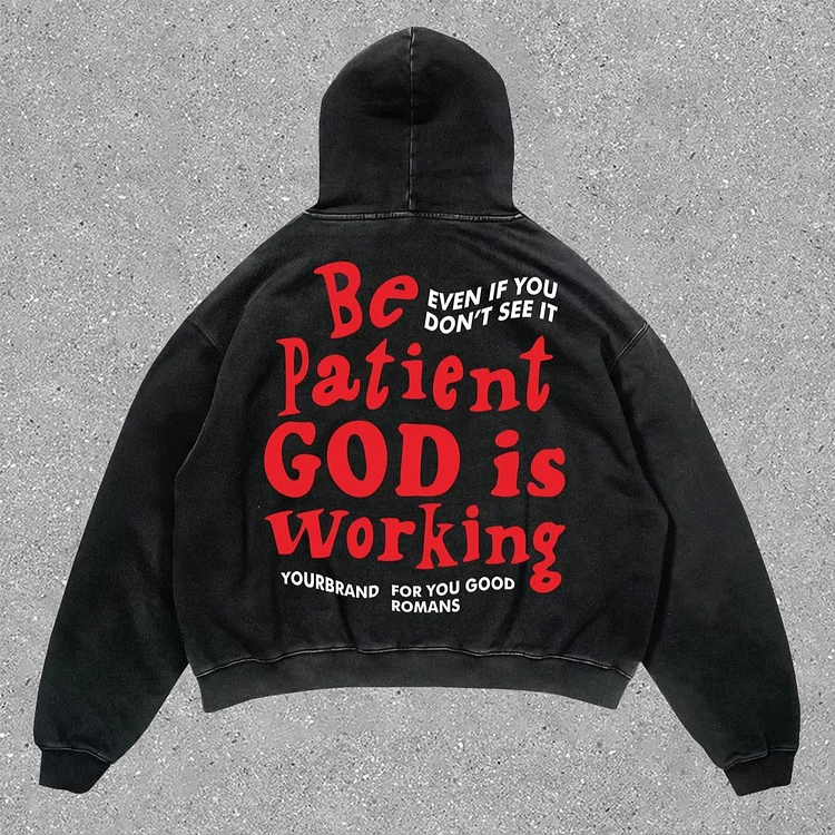 Sopula Vintage Unisex Be Patient God Is Working Graphic Acid Washed Oversized Hoodie