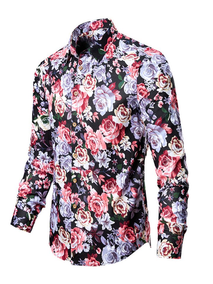 Men's Casual Flower Shirt Fashion Printing Slim Lapel Long-sleeved Shirt