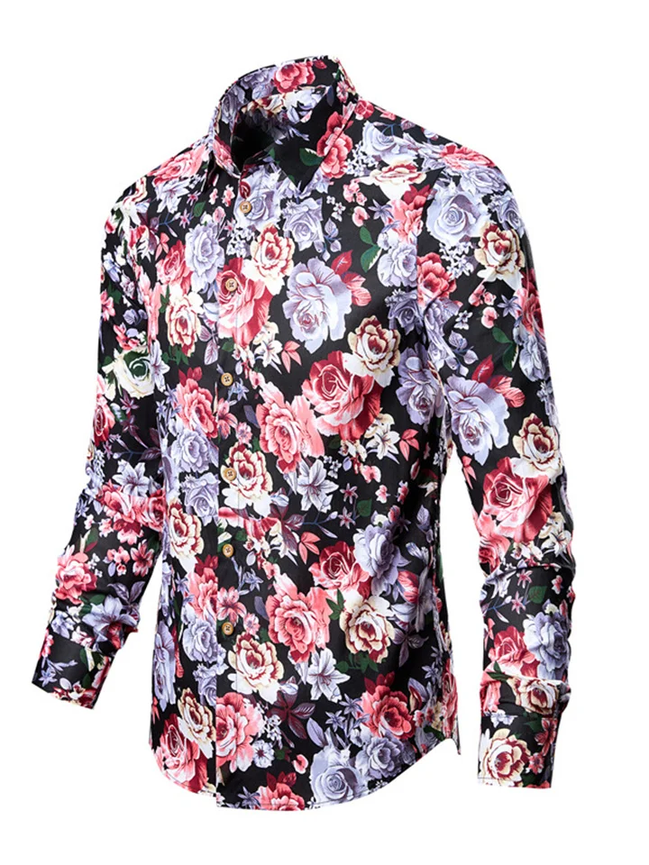 Men's Casual Flower Shirt Fashion Printing Slim Lapel Long-sleeved Shirt