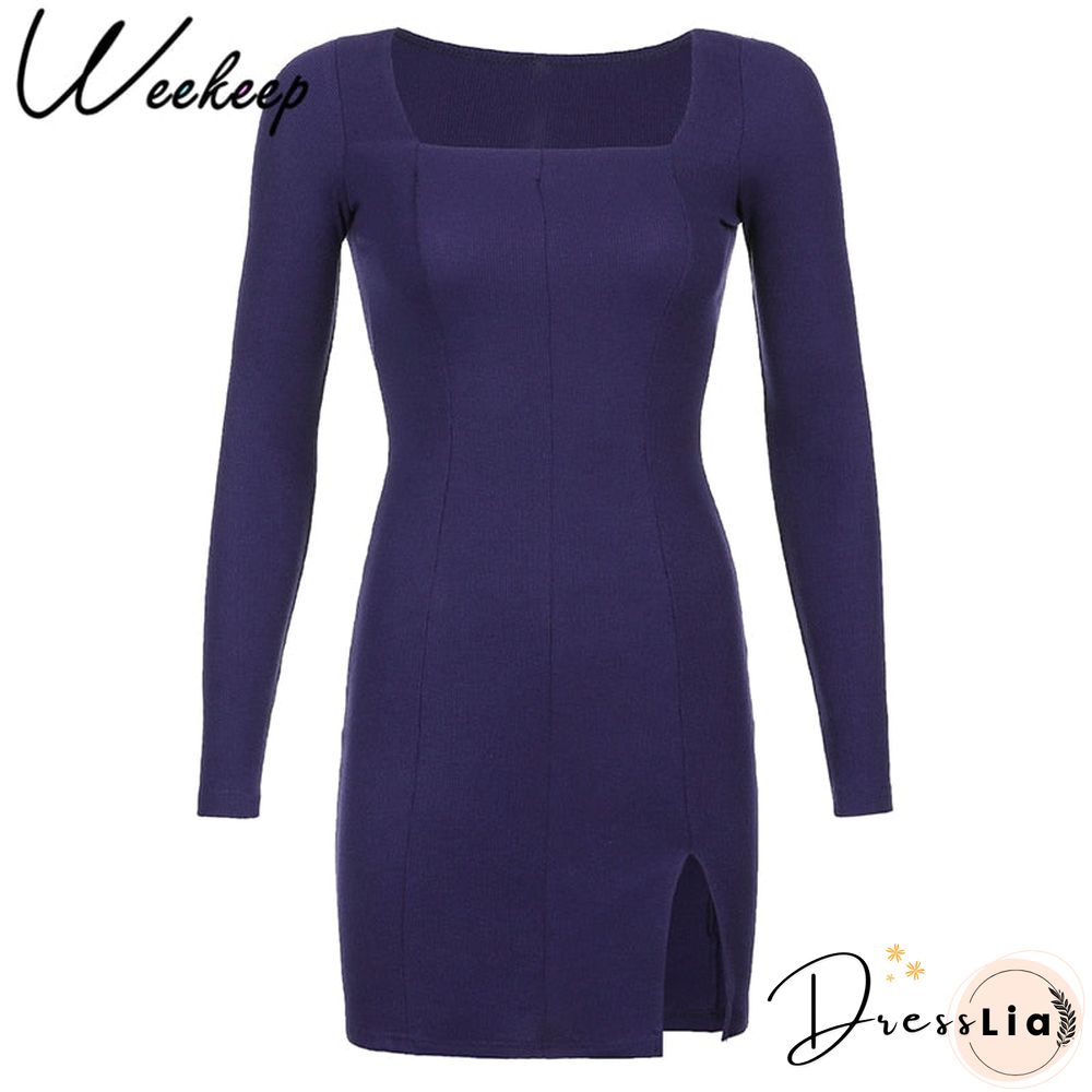 Weekeep Sexy Side Split Square Collar Long Sleeve Spring Dress Women Knitted Bodycon Party Clubwear Mini Dresses