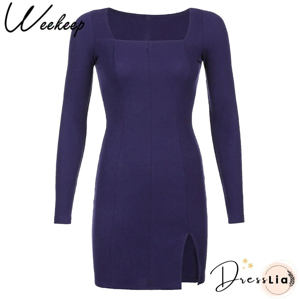 Weekeep Sexy Side Split Square Collar Long Sleeve Spring Dress Women Knitted Bodycon Party Clubwear Mini Dresses