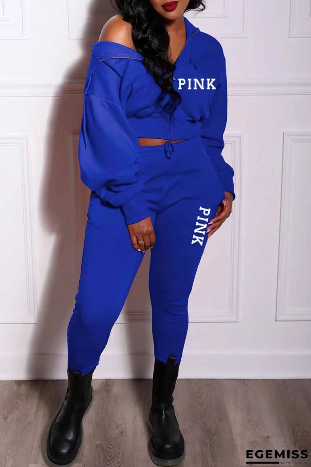 Blue Casual Print Letter Hooded Collar Long Sleeve Two Pieces | EGEMISS