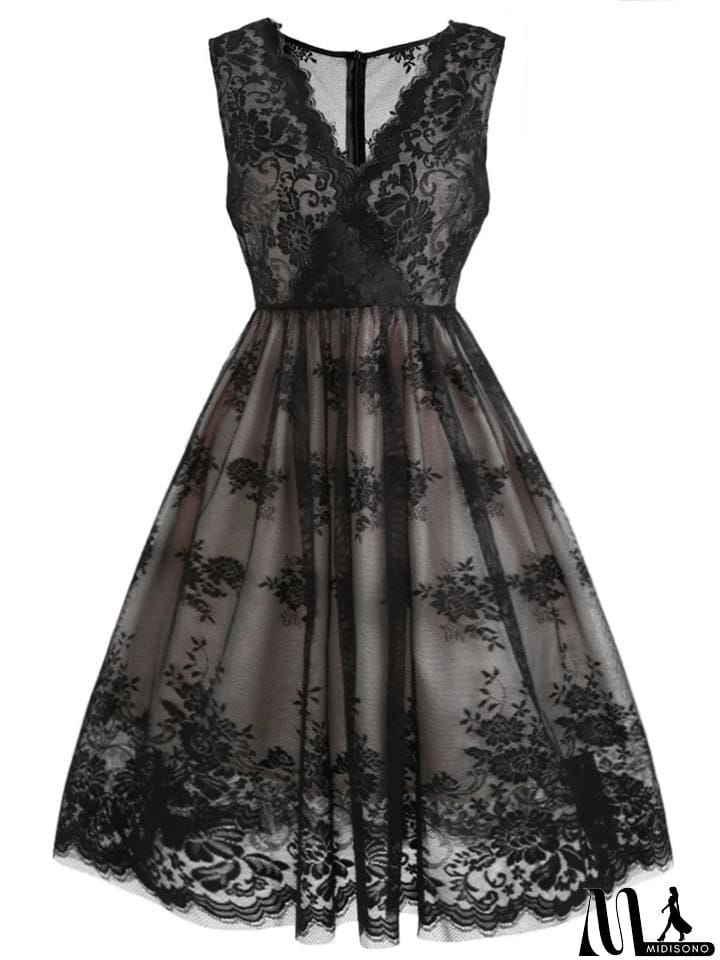 MidiSono - Black 1950S Feminine V Neck Lace Floral&nbsp;Swing Dress