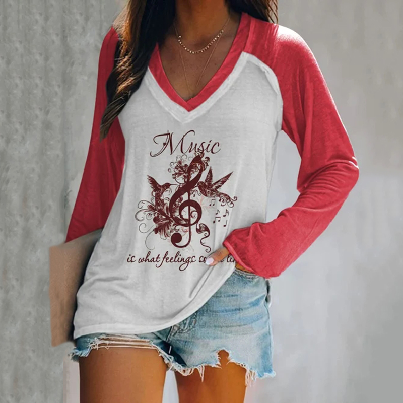 Music Is What Feelings Sound Like V Neck Long Sleeve T-Shirt wearshes