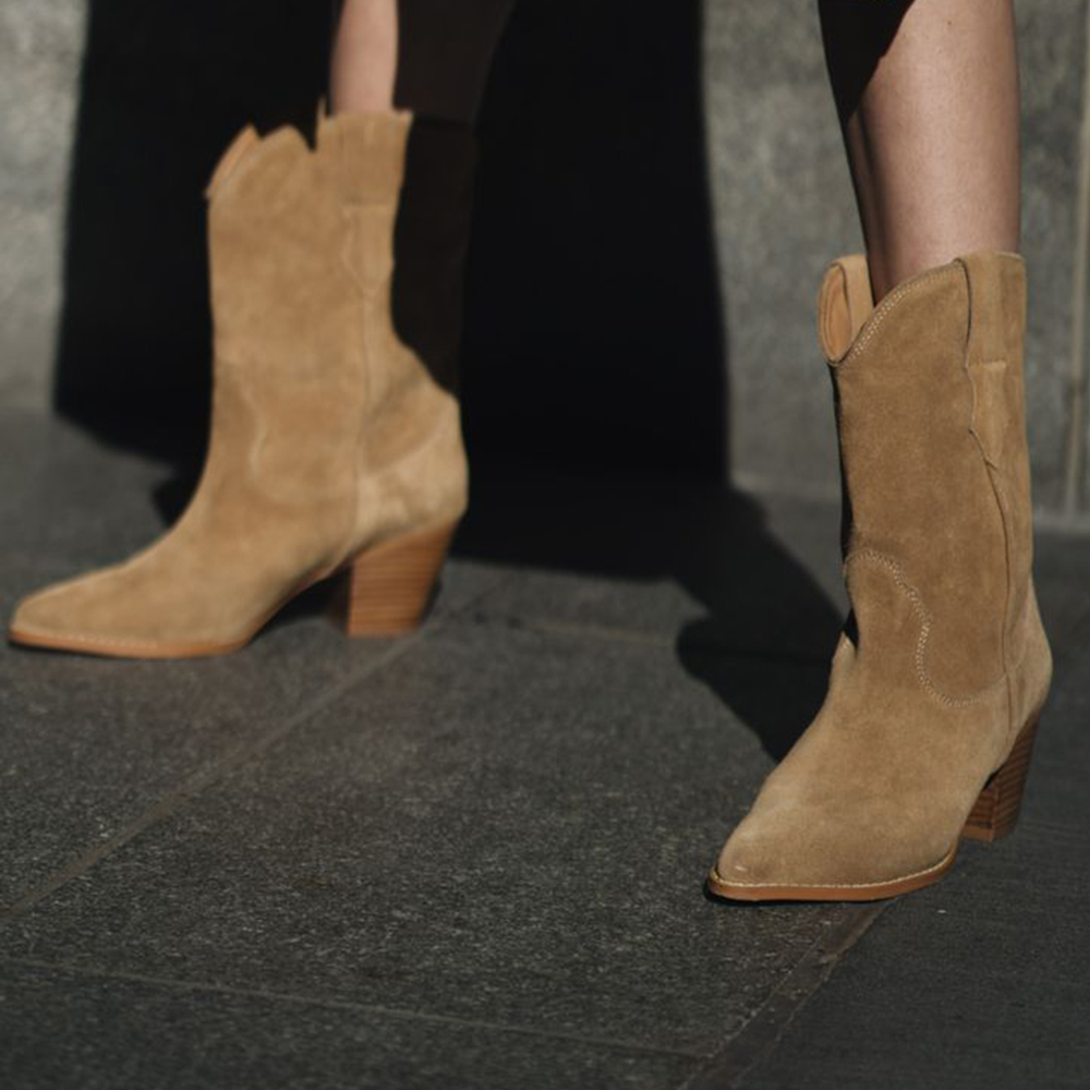 Brown Faux Suede Pointed Toe Casual Cowgirl Boots with Chunky Heel