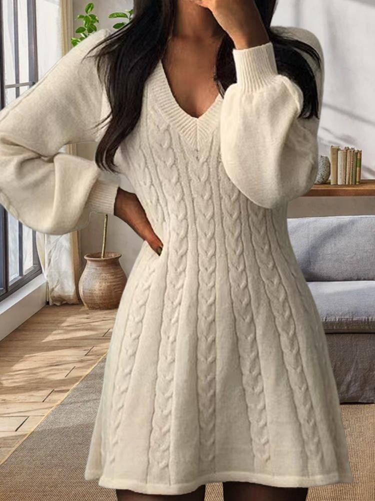 Waist-cinched Lantern Sleeve Word Knitted Sweater Dress