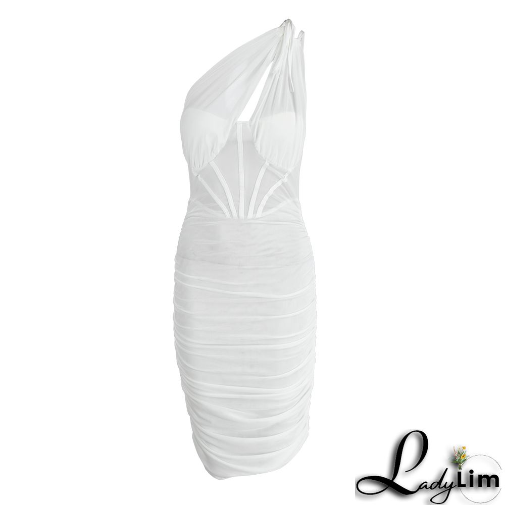 Apricot Sexy Solid Mesh One Shoulder Pencil Skirt Dresses