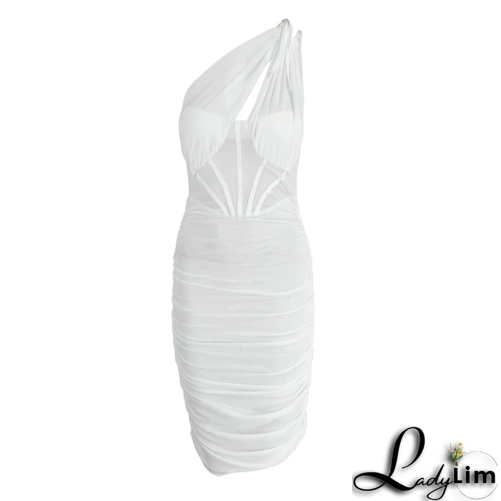 Apricot Sexy Solid Mesh One Shoulder Pencil Skirt Dresses