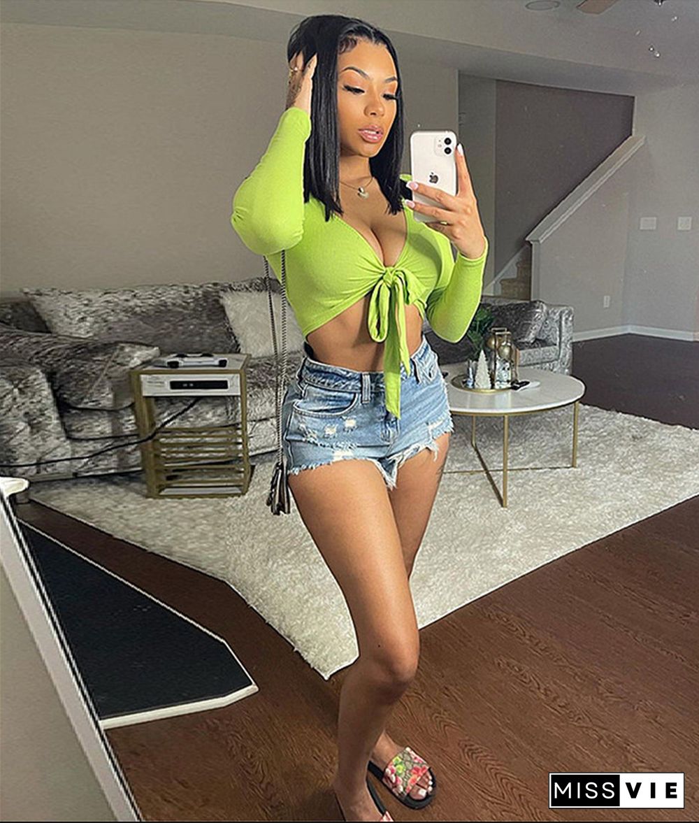 Summer New Arrivals Women Knitted Deep V-Neck Long Sleeve Sexy Solid Color Lace-Up Skinny Crop Tops