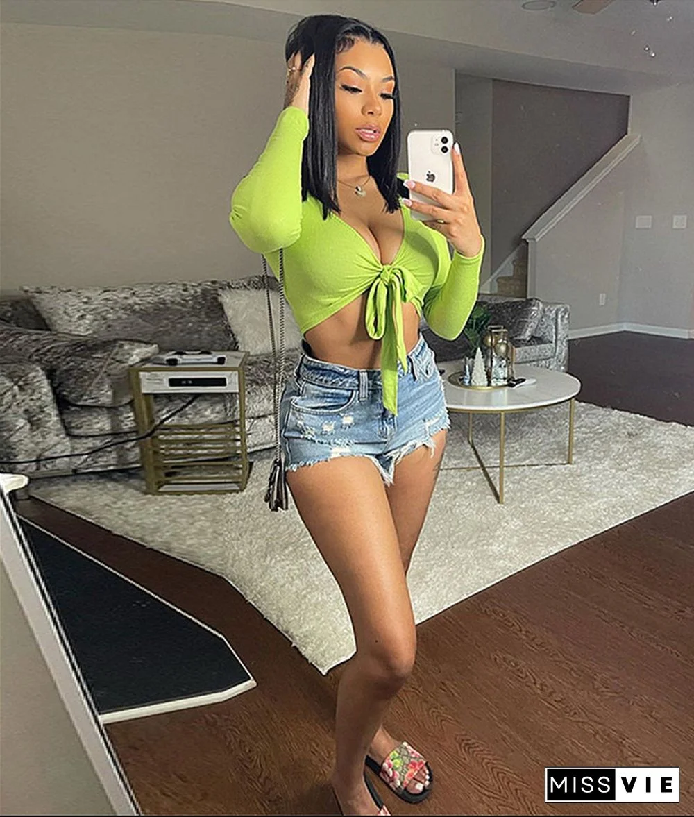 Summer New Arrivals Women Knitted Deep V-Neck Long Sleeve Sexy Solid Color Lace-Up Skinny Crop Tops