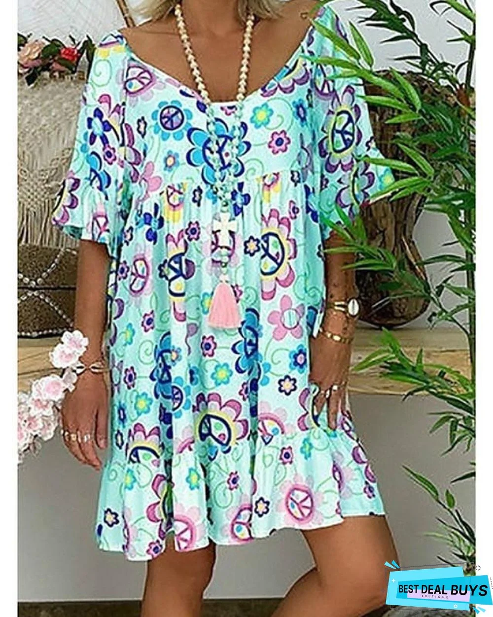 Women's Tunic Knee Length Dress - Short Sleeve Floral Print Summer Basic Hot White Blue Red Light Blue-0218817