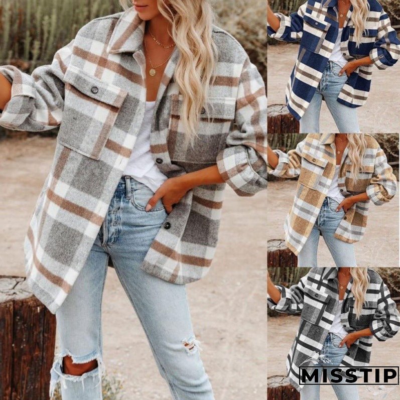 Women's Long Sleeve Loose Plaid Shirt Woolen Coats