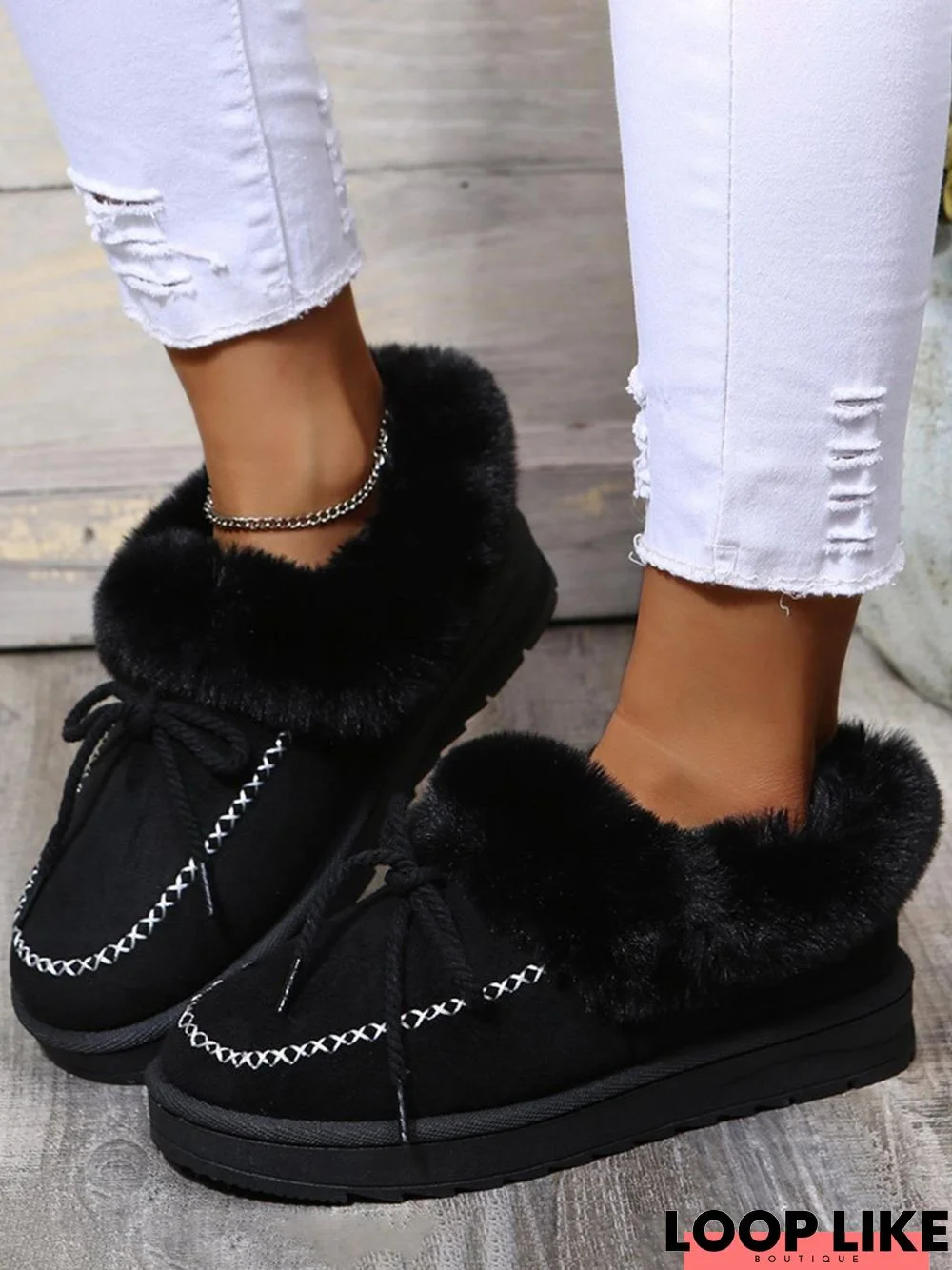 Plush Warm Snow Boots Bow Flats