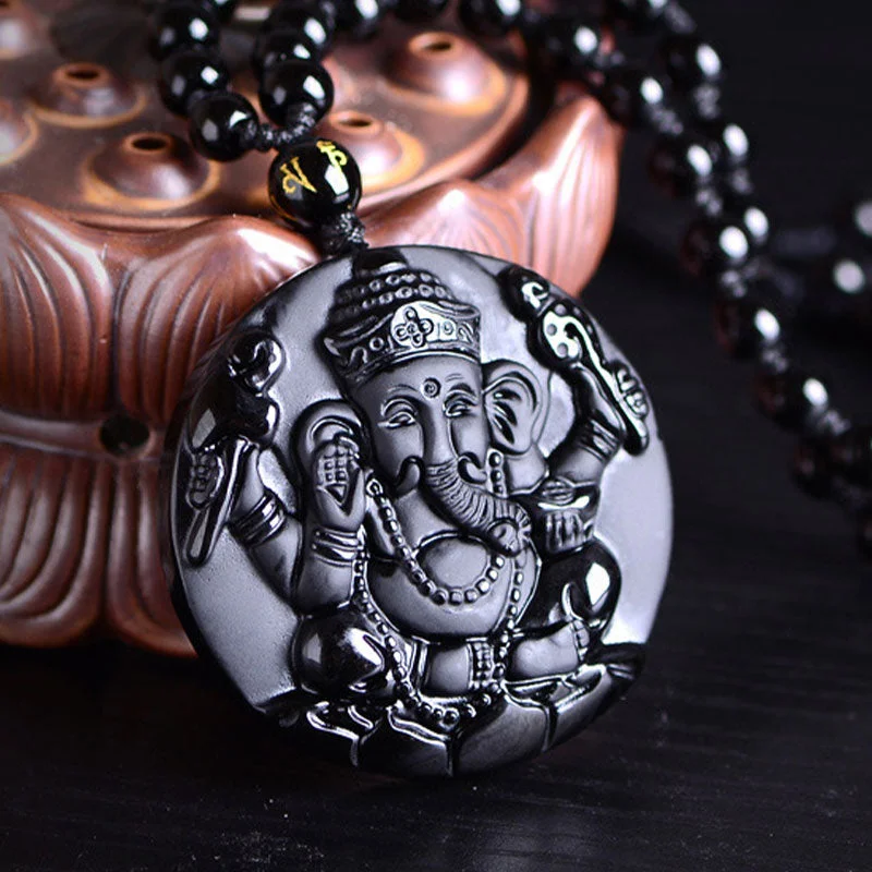 Black Obsidian Ganesh Ganpati Elephant Protection Pendant Necklace