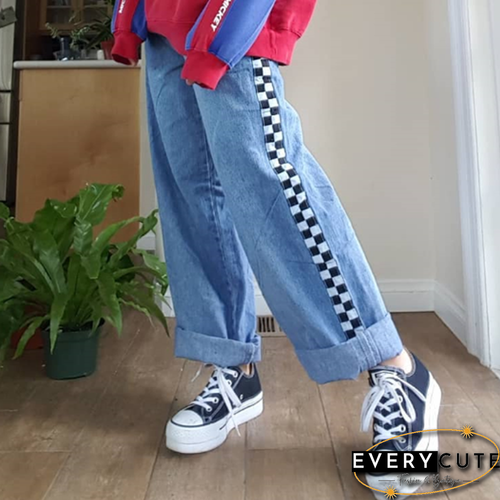 Women's Casual Color Matching Black And White Plaid Print Trousers