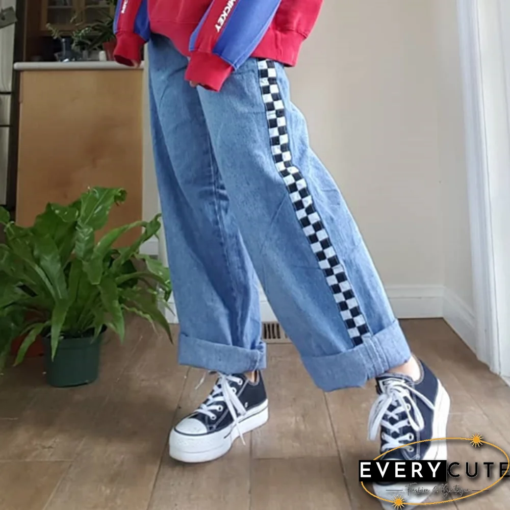 Women's Casual Color Matching Black And White Plaid Print Trousers