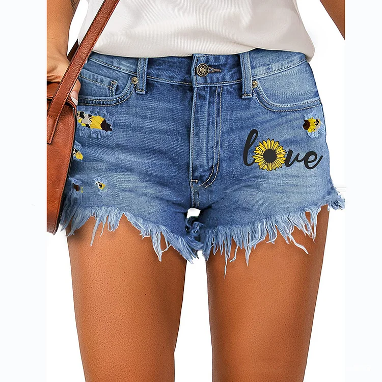 Floral Printed Cuffed Ripped Denim Shorts
