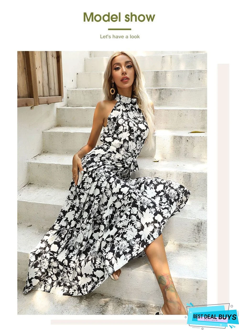 Summer New European and American Printed Open Neck Dress with Suspender