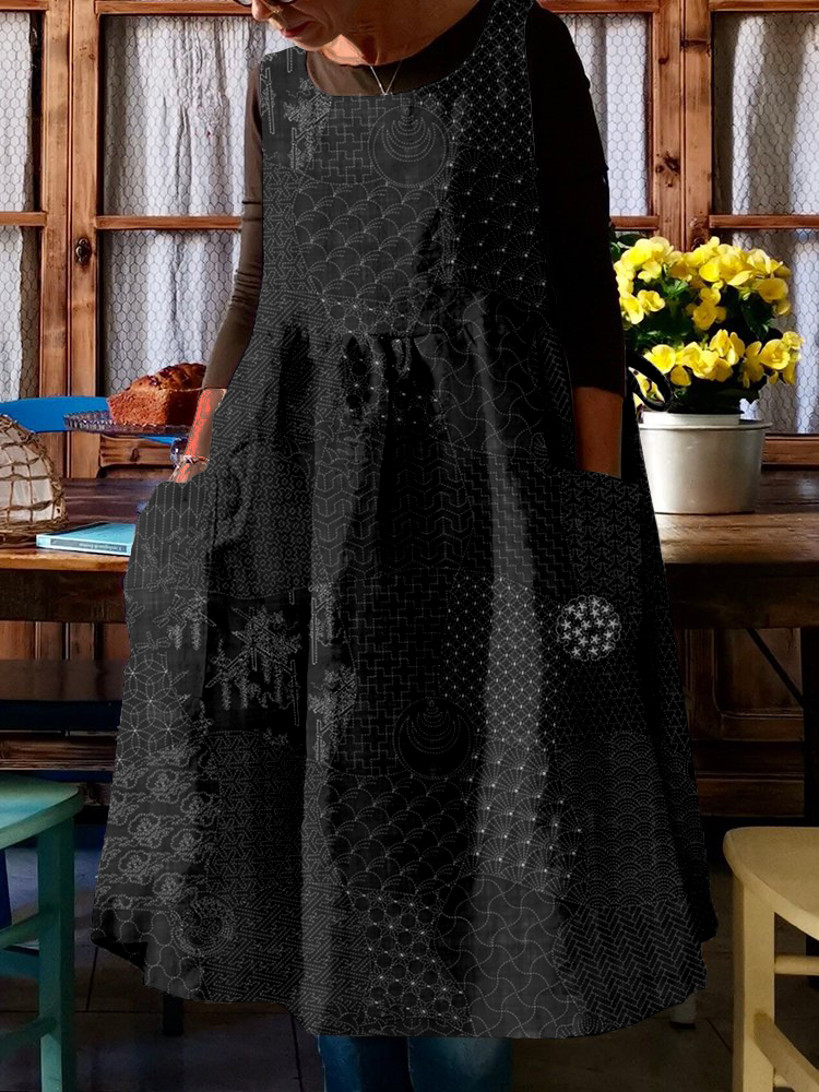 Comstylish Japanese Traditional Sashiko Art Linen Blend Pinafore Midi Dress