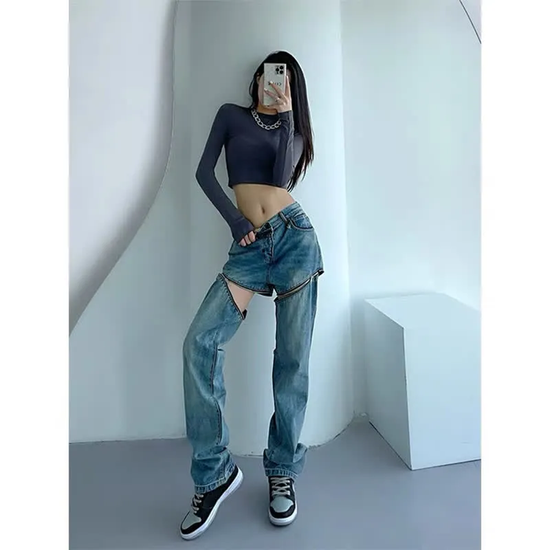 Zipper Detachable High Waist Straight Casual Denim Pants