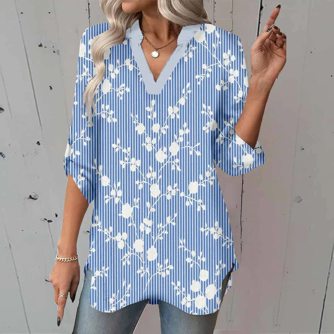 Women Floral,Blue,Black DZGA0271 3/4 Sleeve V-neck Printed Graphic Button Tops