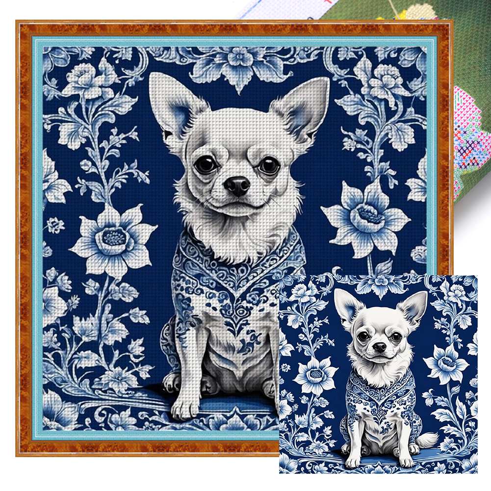Blue And White Porcelain-Chihuahua Full 11CT Pre-stamped Canvas(40*40cm) Cross Stitch
