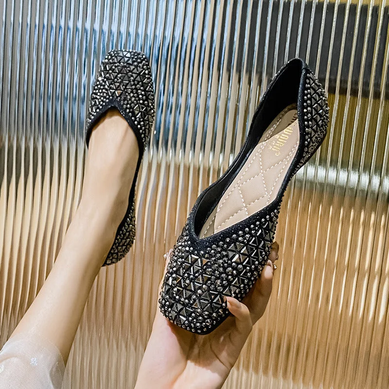 Women's Rhinestone Flats Fashion Sequin Wedding Shoes Comfortable Slip-on Ballet Flats Low Heel Dress Shoes
