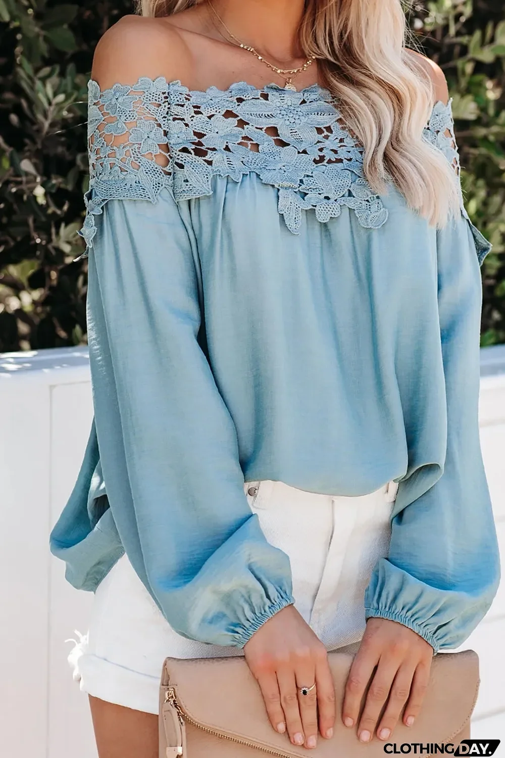 Sky Blue Blooming Lace Off The Shoulder Top