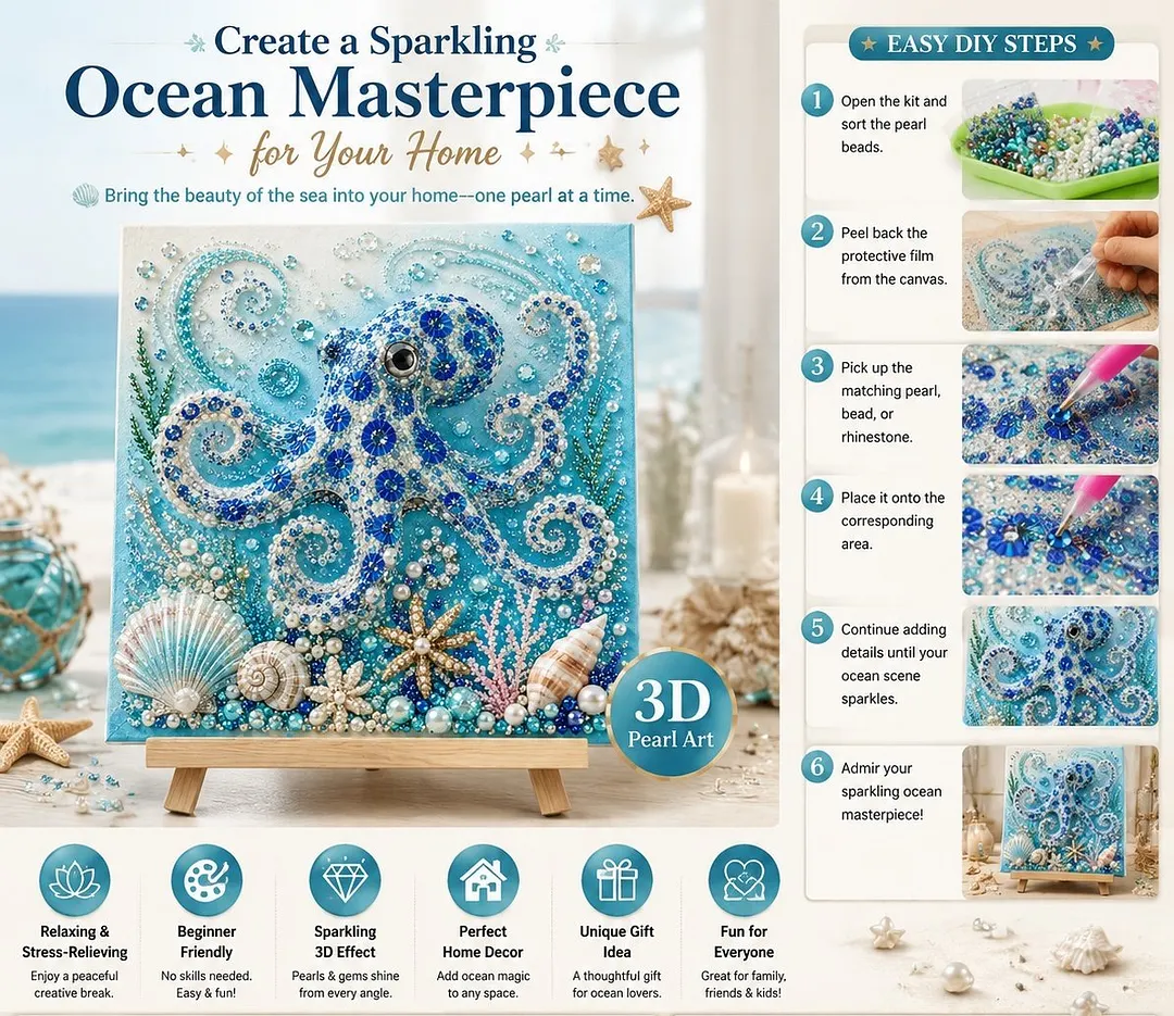 💥 Last Day 75% OFF - 🌊💙 Ocean Theme Pearl Art DIY Kit &ndash; Relaxing DIY Craft to Create Stunning Coastal Artwork