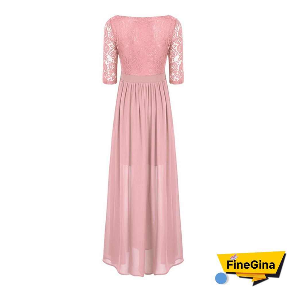 Womens Half Sleeved Embroidered Lace Top Front Slit Chiffon Wedding Bridesmaid Gown Prom