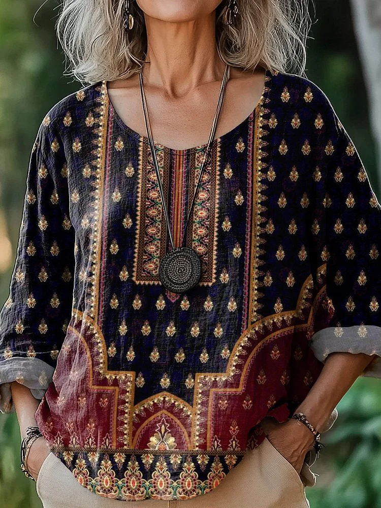 Bohemian Traditional Pattern Printed Women's Casual Cotton And Linen Shirt