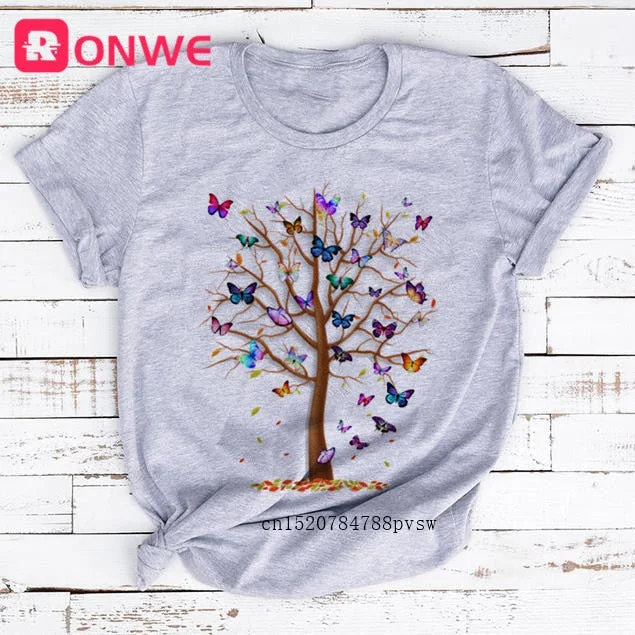 3D Butterfly Tree Print Women T-shirt Summer Casual 90s Harajuku Funny Tshirt Female Soft Short Sleeve Tops,Drop Shipping