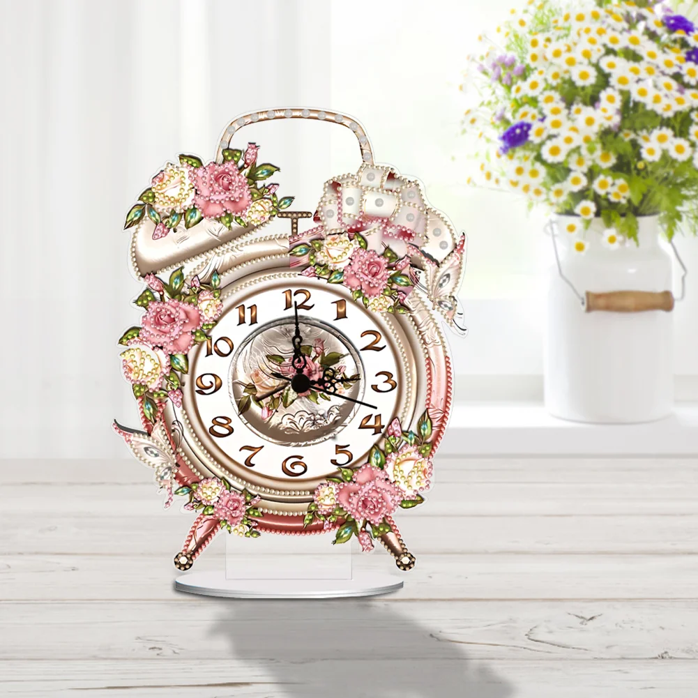 DIY Flowers Vintage Acrylic Special Shaped 5D Diamond Painting Clock Art Craft