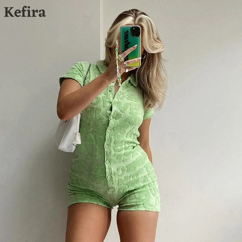 Jacuqeline Summer Short Sleeve Sexy Bodycon Playsuit Women Green V Neck Romper Street Casual Bodysuit Fashion Skinny Playsuit