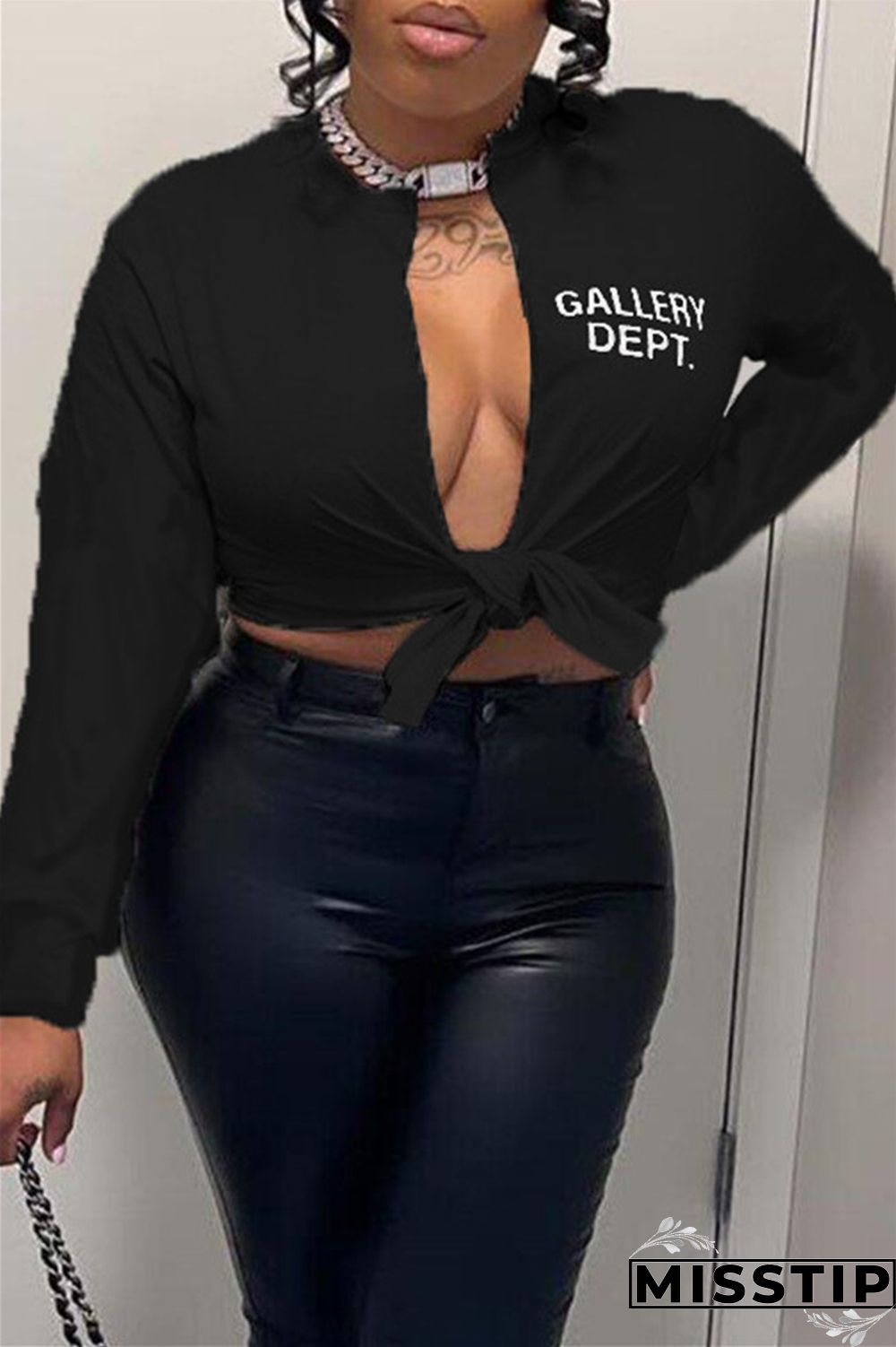 White Casual Letter Print Bandage V Neck Tops