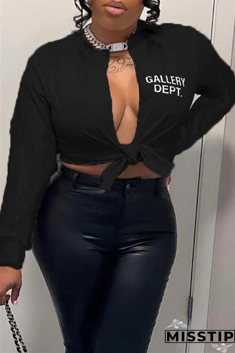 White Casual Letter Print Bandage V Neck Tops