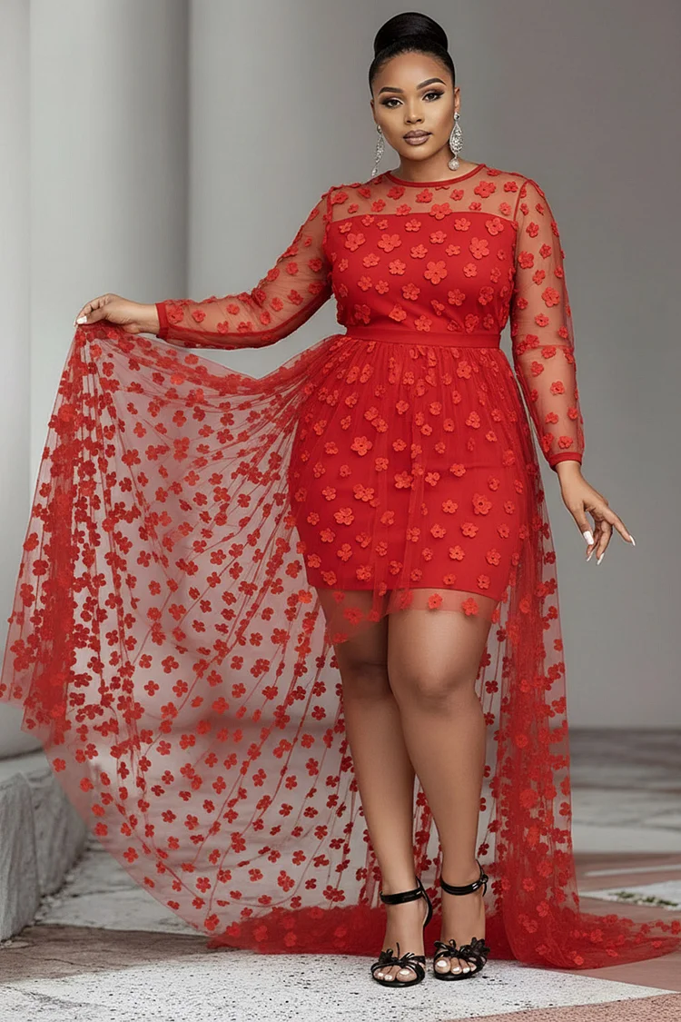 Xpluswear Design Plus Size Party Red Round Neck Long Sleeve High Low Hem Elegant See Through Tulle Mini Dresses [Pre-Order]