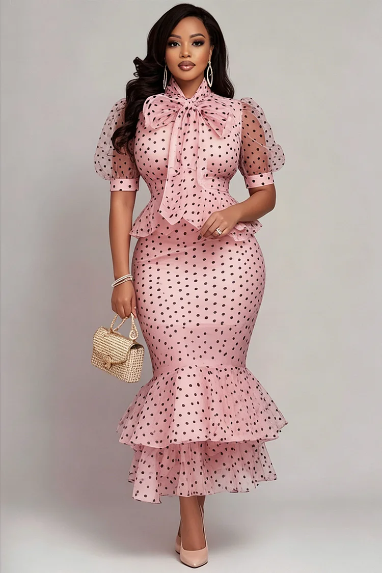Xpluswear Design Plus Size Business Casual Pink Polka Dot Mock Neck Puff Sleeve Short Sleeve Ruffle Bodycon Organza Two Piece Skirt Sets [Pre-Order] 2024 - Xpluswear