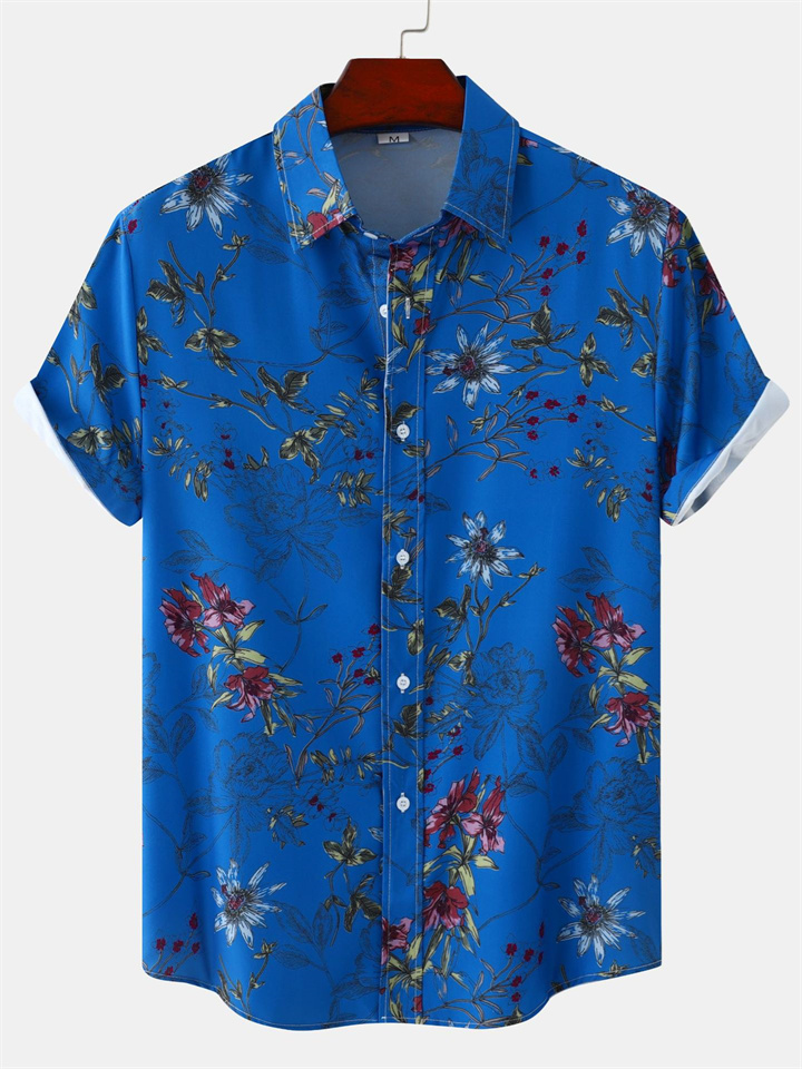 Summer New Floral Print Men's Casual Lapel Shirt Short-sleeved Floral Shirt Slim-type Men's Clothing-JRSEE
