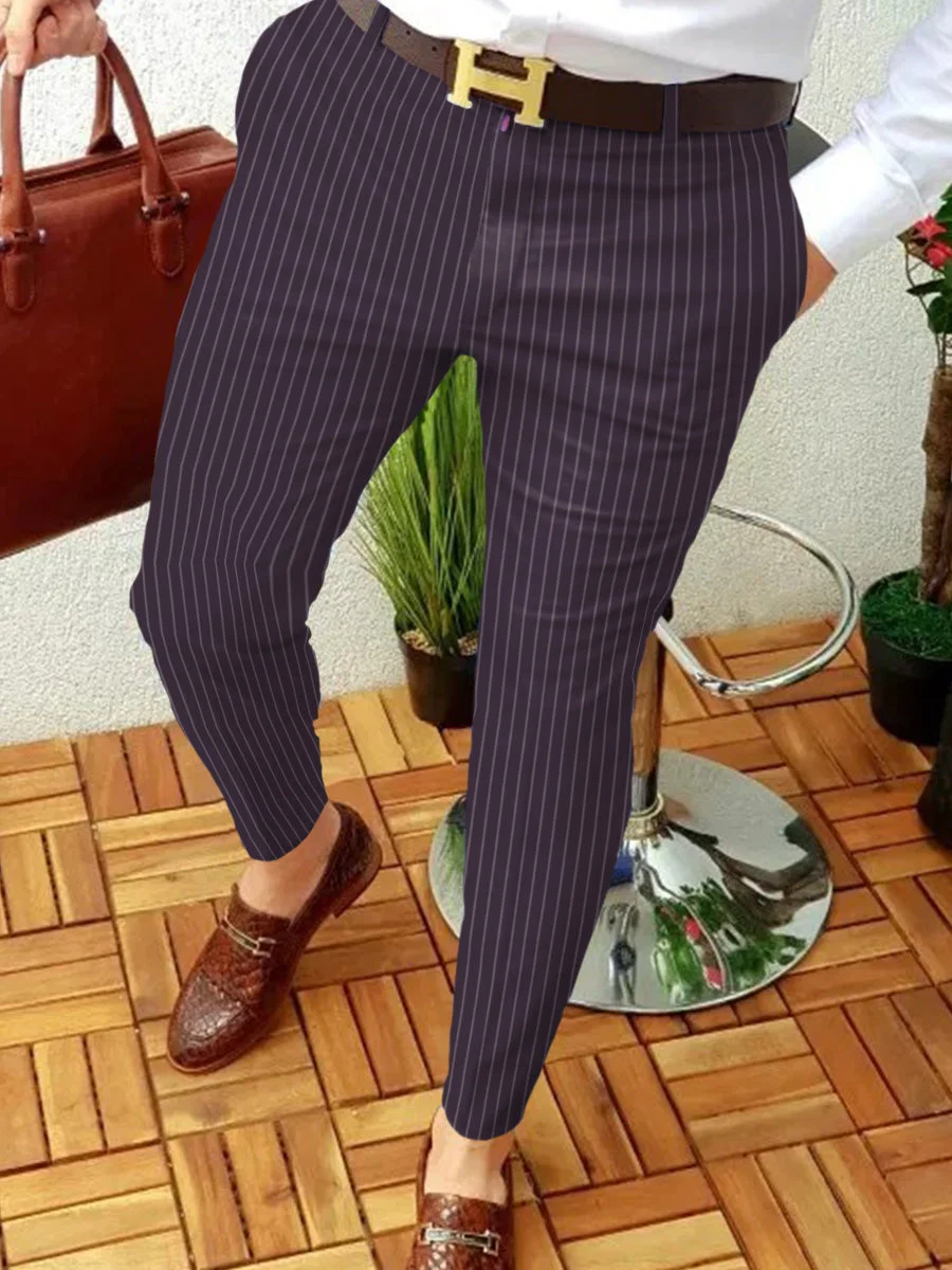 Men's Fashion Dark Purple Striped Suit Pants