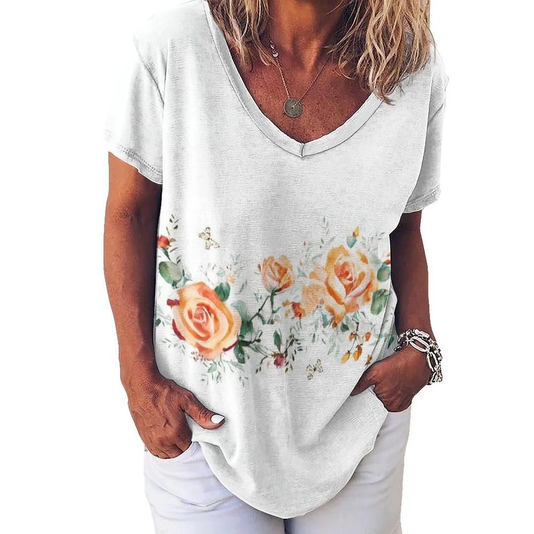 V-neck Short Sleeve Casual T-shirt for  Women Printed with Pattern Floral, Yellow, Pink