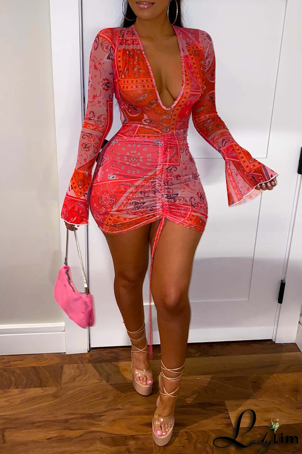 Red Sexy Solid Mesh V Neck Pencil Skirt Dresses