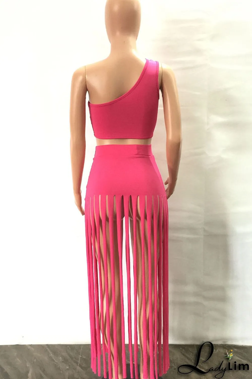 Black Sexy Solid Tassel Patchwork Oblique Collar Two Pieces