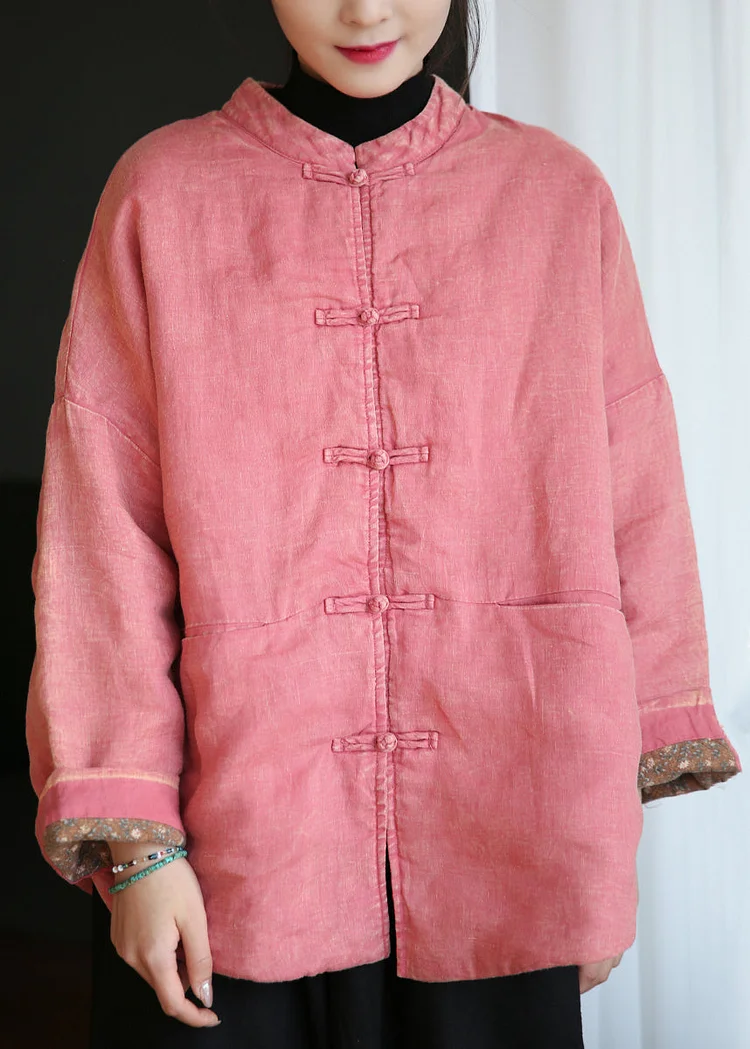 Loose Pink Button Pockets Cotton Filled Coats Long Sleeve