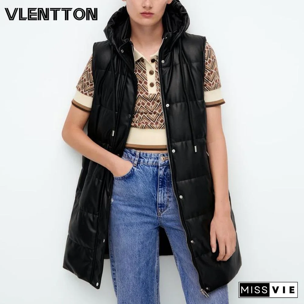 Winter Women Hooded Faux Leather Vests Coat Female Elegant Pockets Sleeveless Jacket Long Waistcoat